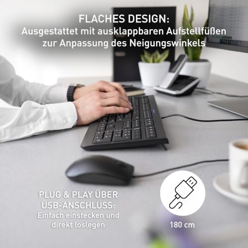 CHERRY KC 1000, Kabelgebundene Office-Tastatur, Deutsch QWERTZ, Schwarz | Fullsize-Layout mit Nummernblock, Plug & Play (USB-A Anschluss), Flaches Design, Leise Tasten, Kabel 1,8 m, GS-Zulassung