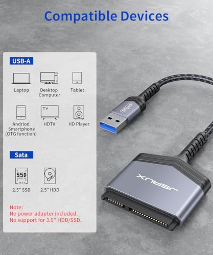 JSAUX SATA auf USB Adapter für 2.5 Zoll SSD und HDD Festplatten | USB 3.0 zu SATA III Festplatten Adapter Nylon Kabel [Unterstützt UASP] Kompatibel mit Windows, MacOS, ChromeOS, Linux-Grau