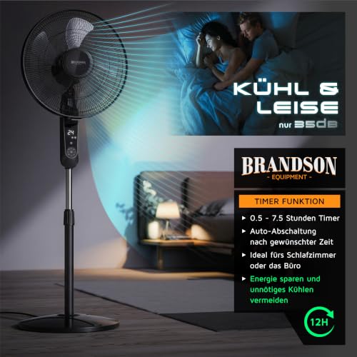 Brandson Standventilator leise, DC-Motor, Fernbedienung, 24 Stufen, Schwarz | Unter 40 dB(A) in Stufe 1, Timer bis 7,5 Std., LCD-Anzeige, Oszillation 80°, Schlafzimmer, Wohnzimmer, Heimbüro