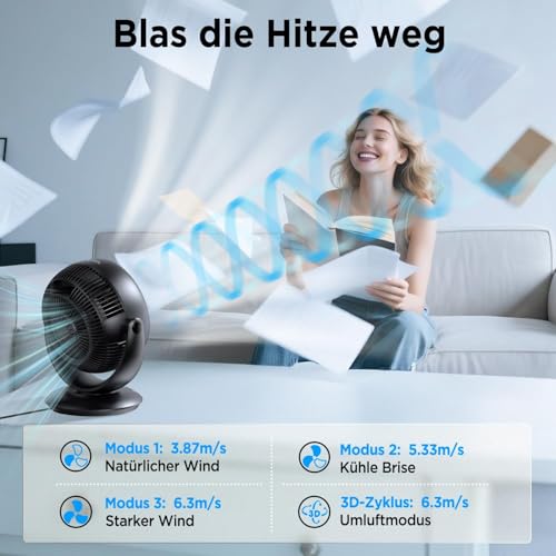 EasyAcc Ventilator Leise, 25dB Tischventilator sehr Leise, Umwälzventilator 90° Auto-Oszillation Horizontal und Vertikal 3D Turbo mit Fernbedienung, 3 Geschwindigkeiten, 2-12H Timer für Schlafzimmer