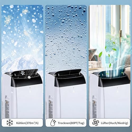 Thaookte Klimaanlage mobil 10000 BTU, 4-in-1: Kühlen, Entfeuchten, Ventilator & Nachtabsenkung, Energieklasse A++, R290, Fernbedienung, geräuscharm, ideal für Wohnzimmer, Schlafzimmer & Büro bis 45 m²