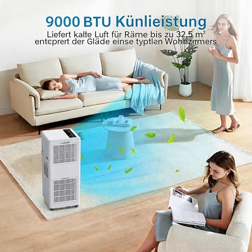 Thaookte 3-in-1 Mobilklimaanlage 9000 BTU mit Dual-Schlauch-Technologie, extrem leise (≤45 dB), 24h Vorwahl, kabellose Bedienung per Fernbedienung, 3 Funktionen Klimaanlage mobil für Räume bis 35 m²