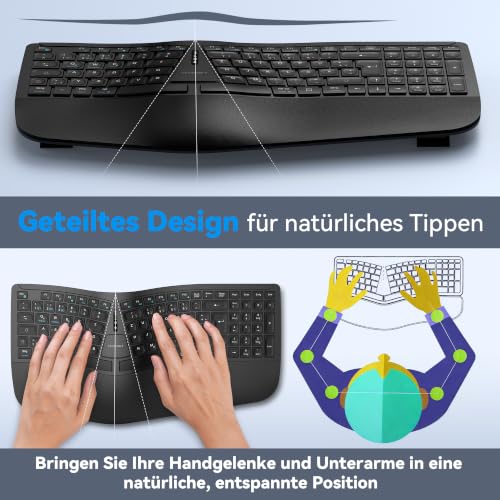 TECKNET Ergonomische Tastatur Kabellos, Deutsches QWERTZ Split Tastatur mit Handballenauflage, Wiederaufladbar Ergo Funktastatur, Bluetooth & USB Natürliches Tippen für Windows/Mac