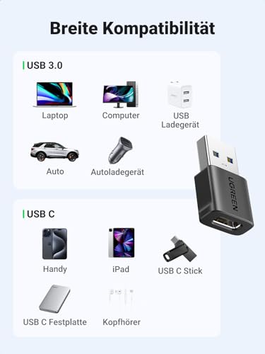 UGREEN 10Gbps USB C Adapter auf USB, USB C Buchse zu A Stecker(3er Pack) | USB A auf USB C Adapter kompatibel mit iPhone 17 Serie, iPad Air/Pro, Galaxy S26/S25 Serie, Kartenleser, SSD, Laptop, PC usw