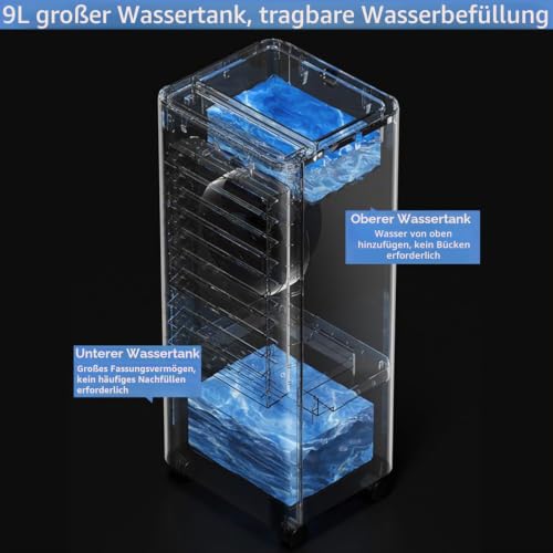 Tragbare Klimaanlage Verdunstungskühler mit 9L Wassertank, 3 Geschwindigkeiten & Fernbedienung, Schnelle Kühlung für Zimmer, Büro, Camping