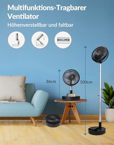 Primevolve 7.7" Ventilator Faltbarer mit Fernbedienung, 7200mAh Akku USB Standventilator Fan Tragbarer für Outdoor Reise Camping, Tischventilator Leise für Schlafzimmer Büro- Schwarz
