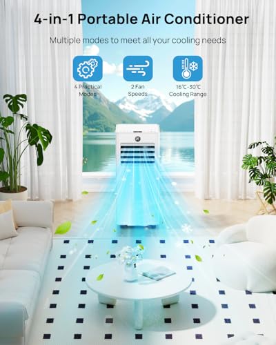 Klimaanlage Mobil 9000 BTU, Mobiles Klimagerät mit Abluftschlauch, Kühl-/Ventilations-/ Entfeuchtungs-/Schlafmodus 4-in-1, Digitalanzeige & Fernbedienung, 24H Timer, 360° Rollen, Inklusive Fensterset