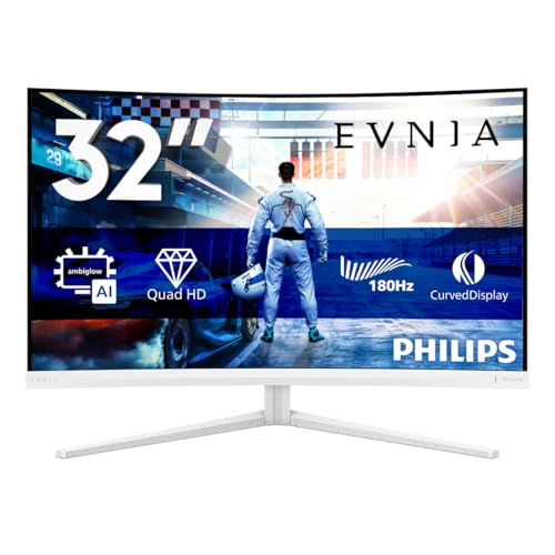 PHILIPS Evnia 32M2C5501-32 Zoll Quad HD Curved Gaming Monitor, 180 Hz, 1 ms, FreeSync Premium, HDR10, Ambiglow (2560x1440, 2X HDMI 2.0, 1x DisplayPort 1.4) Weiss