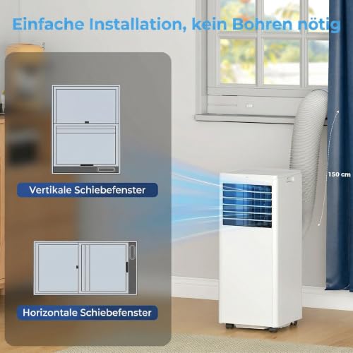 HOMCOM Mobiles Klimagerät mit Abluftschlauch 7000 BTU 1010W, 4-in-1 | Kühlen, Ventilieren, 36L/Tag Entfeuchten, Schlafmodus, 24h-Timer, Fernbedienung, Fensterkit, für Räume bis 30㎡