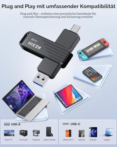 KEXIN 512GB Externe SSD Stick, USB 3.2 Gen 2 mit bis zu 1050 MB/s, 2-in-1 Dual USB Typ C & USB-A, kompatibel mit iPhone 15/16/17, Smartphone, Tablet, Laptop