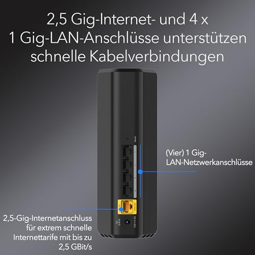 NETGEAR Nighthawk WiFi 7 WLAN Router RS100, Bis zu 135 m², 3,6 Gbit/s | Glasfaser Router, Zuverlässige Leistung, Einfache Einrichtung, 50 Geräte, 1× 2,5G + 4× Gigabit-Ports, Dual Band, BE3600