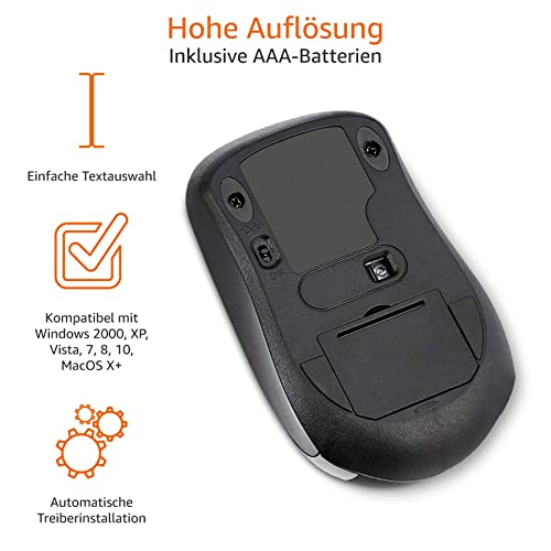 Amazon Basics Funkmaus für Laptop und PC, Kabellos, Schwarz, USB-Nano-Empfänger