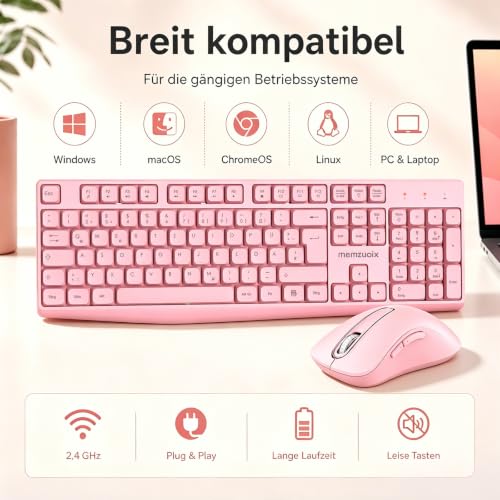 QWERTZ Kabelloses Tastatur Maus Set, Deutsch-Layout, Nummernblock – Rosa | Ein USB-Empfänger für beide Geräte, im Batteriefach der Maus; 1400-DPI-Maus, 12 Multimediatasten; Batterien nicht enthalten