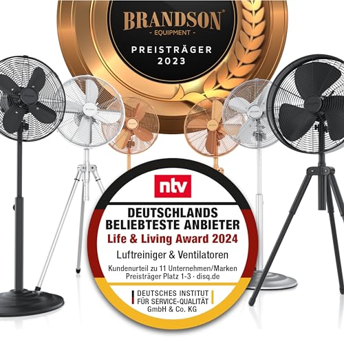 Brandson Standventilator mit Dreibeinstativ, 60 W, Rotor 45 cm, Silber | Tripod aus Metall, 3 Stufen, Oszillation 80°, Höhe 122 bis 136 cm, für Fotoshooting, Filmset, Bühne, Büro