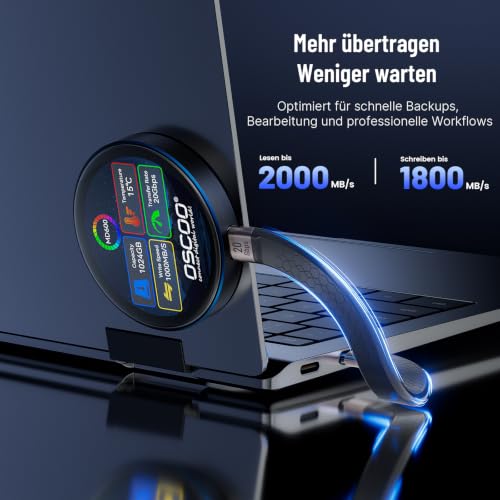 OSCOO 512GB Portable SSD, bis zu 2.000MB/s, Hardware Verschlüsselung | Smart‑Touchscreen USB‑C Tragbares Externes SSD, Festplatte kompatibel mit MagSafe, iPhone, Mac und Windows‑PC,Spielkonsolen