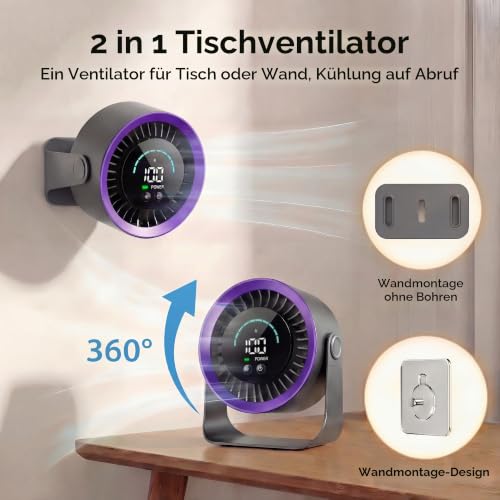 Refluxe Mini Tischventilator, Kleiner über USB Aufladbarer Leiser Ventilator, Kühlender Elektrischer Schreibtischventilator mit LED Digitalanzeige, um 360° Neigbar für Schlafzimmer, Büro und Zuhause