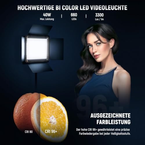 NEEWER NL660 2er Pack LED Videoleuchte mit Stativ, Bi Farbe | (2) 3200-5600K CRI96+ dimmbare Panel mit U Halterung, Barndoors und 75" Stativen für Studio/Video