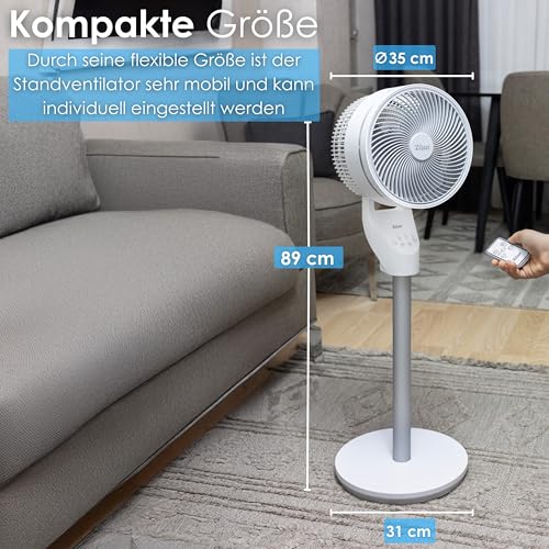 Zilan Standventilator leise mit Fernbedienung kraftvoller Ventilator mit Timer 60W energiesparend 3 Stufen hoher Luftdurchsatz oszillierend Bodenventilator Aircooler Standlüfter (Weiß mit FB)