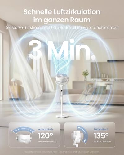 SONGMICS Standventilator, leise 20 dB, mit Fernbedienung, höhenverstellbar | Luftzirkulator, 120° und 135° Oszillation, 15 Geschwindigkeiten, 15 Std. Timer, wolkenweiß, ISLAND Kollektion XFC002W1EU