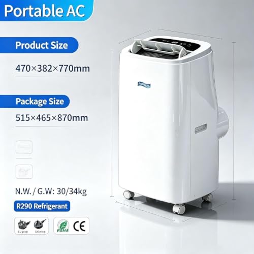 12000 BTU Mobile Klimagerät, Kühlung nur freistehend tragbar, mit Rollen, kompakte Raumklimaanlage für Wohnzimmer & Büro, Weiß, B+Hot & Cold 14000 BTU, B+Hot & Cold 14000 BTU