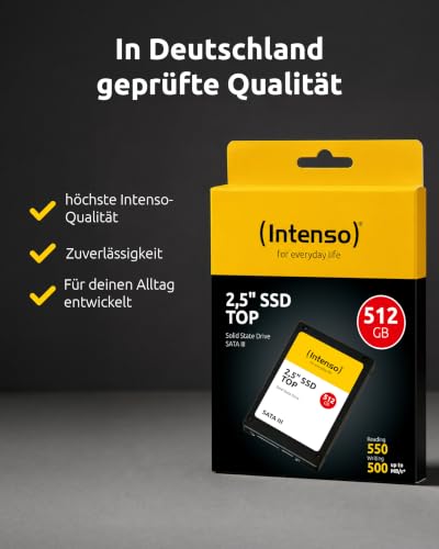 Intenso Interne 2,5" SSD SATA III Top, 512 GB, 550 MB/Sekunden, Schwarz | Solid State Drive für PC & Laptop, bis zu 520 MB/s Lesen, 500 MB/s Schreiben, Schwarz, Geräuschloser Betrieb (0dB)