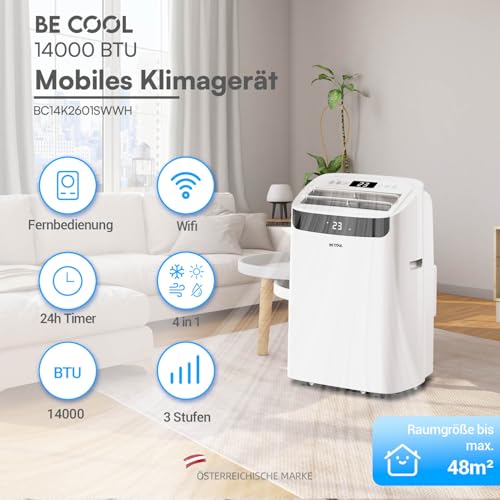 BE COOL mobiles Klimagerät 14000 BTU mit Heizung & WLAN, 4 in 1 Klimaanlage mit Entfeuchter und Ventilator, für Räume bis 48 m², Fernbedienung, Timer, Alexa & Google Assistant, weiß