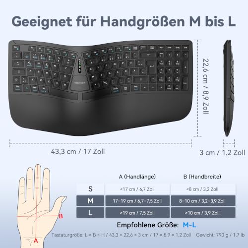 TECKNET Ergonomische Tastatur Kabellos, Deutsches QWERTZ Split Tastatur mit Handballenauflage, Wiederaufladbar Ergo Funktastatur, Bluetooth & USB Natürliches Tippen für Windows/Mac