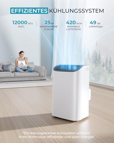 EUHOMY Mobile Klimaanlage 12000 BTU mit Abluftschlauch | 3-in-1 Mobiles Klimagerät: Kühlen, Entfeuchten, Ventilieren | 4-Stufen-Lüfter | 410 m³/h | Energieeffizienzklasse A | <50 dB | 24h-Timer