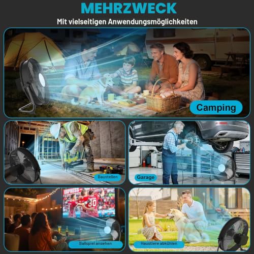 T-SUN 40cm Akku Ventilator mit Lampe, Bodenventilator kompatibel mit Makita 18V-Ohne Akku, Stufenlos Neigbarer, 1,5m Adapter, Leise Lüfter mit Typ C und USB-Aufladung für Camping Werkstatt Baustelle