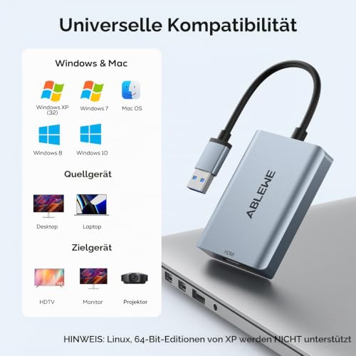 ABLEWE USB zu HDMI Adapter, Upgraded Aluminium HDMI zu USB 3.0.2.0 Audio Video Grafik Konverter Kabel f¨¹r PC Laptop Monitor Projektor Desktop TV, Unterst¨¹Tzung Mac OS, Windows 10/8.1/8/7