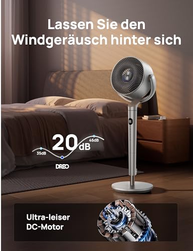 DREO Smart Standventilator mit RGB Light, 120° +120° Oszillierender Ventilator mit Fernbedienung, 20dB Leiser Bodenventilator für Schlafzimmer, 8H Timer, Silber