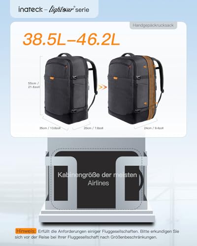 Inateck 38.5-46.2L Reiserucksack Erweiterbarer Handgepäck Rucksack,Schwarz | Spritzwassergeschütztes Carry on Kabinenrucksack Flugzeug Backpack, Herren Damen für 15.6 Zoll Laptop, Weekender,Business