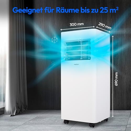 MEDION Mobile Klimaanlage mit Abluftschlauch E701 (7000 BTU, mobil, inkl. Fensterabdichtung, bis 25m², 3in1 Kühlen Entfeuchten Ventilieren, Schlafmodus, MD 37730)