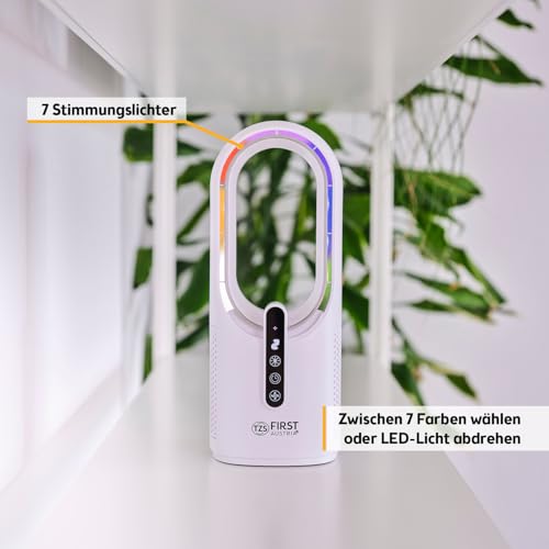 TZS First Austria - Akku Tischventilator - 5W - 3 Stufen & Timer - Leiser Turboloser Ventilator mit 7-Farben Nachtlicht & USB-C - Touch-Bedienung - Weiß