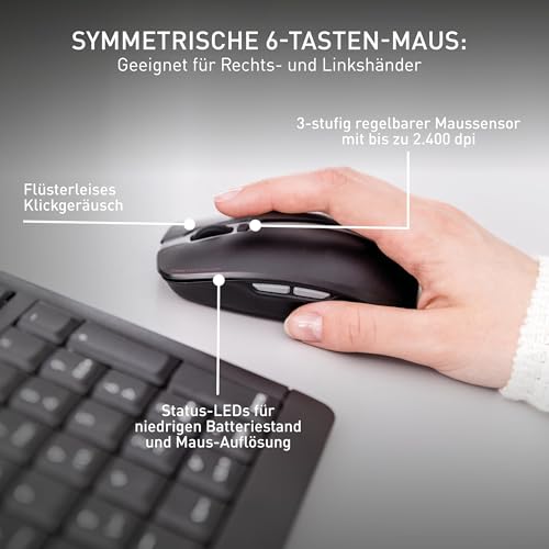 CHERRY STREAM DESKTOP RECHARGE, Tastatur und Maus, Deutsch QWERTZ, Schwarz | Kabellose Verbindung über 2,4 GHz Funk mit USB-Dongle, Leise Tasten, Flaches Design, Symmetrische Mouse, Wiederaufladbar
