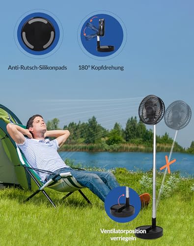 Primevolve 7.7" Ventilator Faltbarer mit Fernbedienung, 7200mAh Akku USB Standventilator Fan Tragbarer für Outdoor Reise Camping, Tischventilator Leise für Schlafzimmer Büro- Schwarz