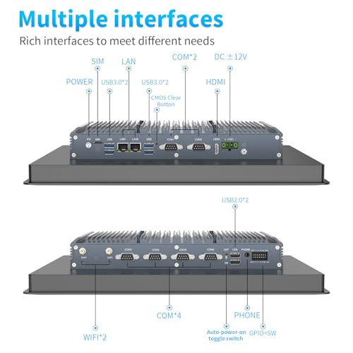 SunKol 15" Panel PC Industriel Fanless IP65 Écran Tactile Tout-en-Un | Windows 10 Pro Embedded Computer, Auto Power-on, I3-7100U, 8 GB RAM, 256 GB SSD, Dual LAN, HDMI, USB, HMI, Automation