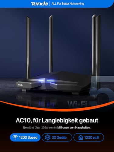 Tenda AC10 WLAN-Router Dual-Band Gigabit AC1200 MBit/s (867 MBit/s 5 GHz + 300 Mbit/s 2,4 GHz, 4X Gigabit Ports, MU-MIMO, Beamforming+, IPTV, 4X 5dbi Antennen, App Verwaltung)