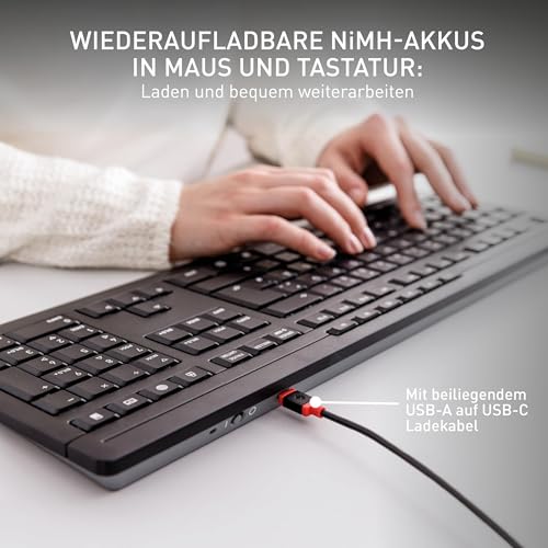 CHERRY STREAM DESKTOP RECHARGE, Tastatur und Maus, Deutsch QWERTZ, Schwarz | Kabellose Verbindung über 2,4 GHz Funk mit USB-Dongle, Leise Tasten, Flaches Design, Symmetrische Mouse, Wiederaufladbar