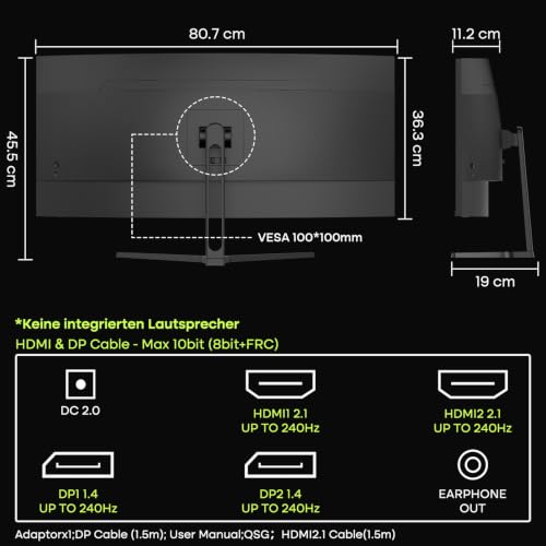 Amzfast 34 Zoll Curved Gaming Monitor, 3440x1440 UWQHD, 240Hz, 1ms MPRT, 1500R VA Curved, 21:9, 3000:1 Kontrast, 450cd/m², 131% sRGB, Adaptive Sync, Pip/PBP, HDMI2.1&DP1.4, VESA100×100, AMZG34C8 Pro