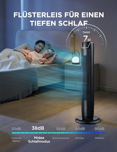 Midea Turmventilator FZ10-17JR, 92cm, mit Fernbedienung, Schwarz | 3 Modi, 3 Geschwindigkeiten, 7h Timer, 45W, Leise, fuer Schlafzimmer & Wohnzimmer