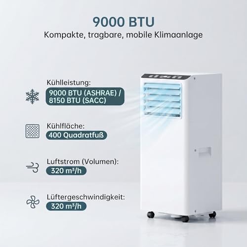 Mobile Klimaanlage 9000 BTU, 3-in-1 Kühlen Entfeuchten Lüften, bis 37 m², 320 m³/h Luftstrom, 51 dB leise, 24h Timer, inkl. Fernbedienung, Weiß