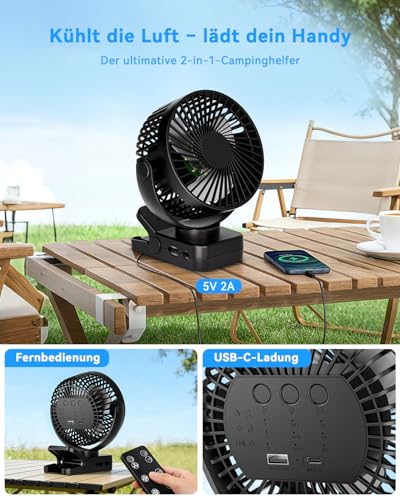 ArsMotin USB Tischventilator Leise mit 12000mAh Akku, Clip Camping Ventilator mit Fernbedienung, Mini Akku Ventilator mit Licht & Timer, 360° Drehbar, 3 Windstufen, Max 44Std Laufzeit für Camping