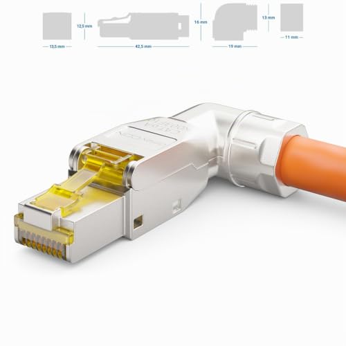 deleyCON CAT 6a Netzwerkstecker 90° Winkel RJ45 10 Gbit/s, 1 Stück | Werkzeuglos, geschirmt, für starre Verlegekabel, Rohkabel, Steckverbinder RJ45 Ethernet LAN DSL Patchkabel