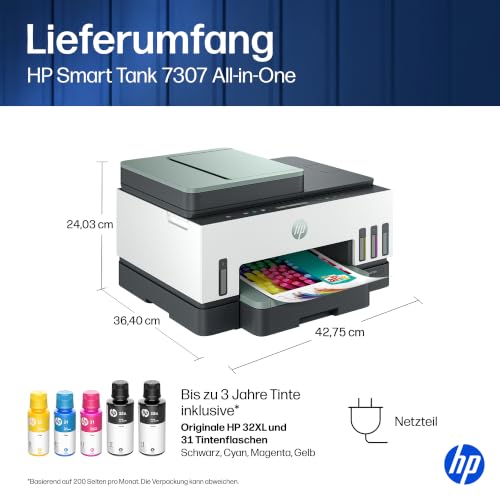 HP Smart Tank 7307 3-in-1 Multifunktionsdrucker (WLAN; Duplex; ADF) – 3 Jahre Tinte inklusive, 3 Jahre Garantie, großer Tintentank, hohe Reichweite, Drucken in hoher Qualität