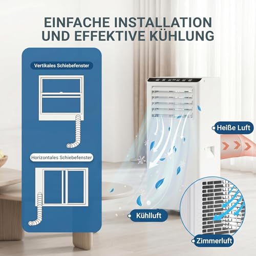 Mobile Klimaanlage 9000 BTU, 3-in-1 Kühlen Entfeuchten Lüften, bis 37 m², 320 m³/h Luftstrom, 51 dB leise, 24h Timer, inkl. Fernbedienung, Weiß
