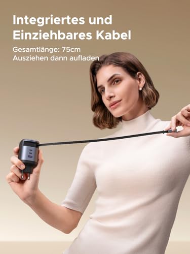 UGREEN Nexode 100W USB C Ladegerät mit 75cm Einziehbarem Kabel, 4-Port | GaN Netzteil, Retractable Charger mit Ladekabel für Laptop, kompatibel mit MacBook Pro/Air, iPhone 17-8 Serie, iPads