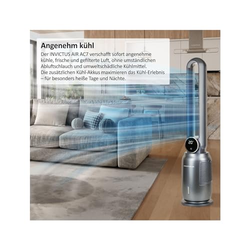 Genius Invictus AIR AC7 Turmventilator 4in1 Luftkühler, LED-Display | 6-teiliges Set, 12h Timer, 12 Geschwindigkeiten, 25 Dezibel, 2 KÃ¼hlakkus, Ionisator, Fernbedienung