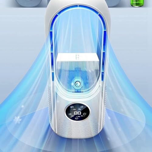 Blattloser Tischventilator, 6 Stufen Windgeschwindigkeit, USB Turmventilator mit Luftbefeuchter Timer LED Licht, Leiser Rotorloser Ventilator Touch Bedienung, für Schlafzimmer Büro Home Office