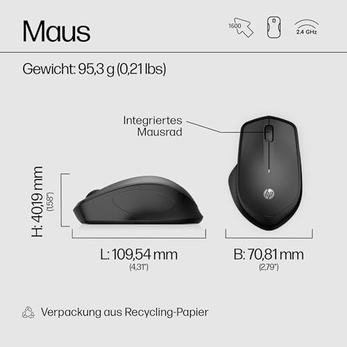 HP 280 Silent Wireless Maus (besonders leises Klicken, Lange Akkulaufzeit, Dongle) schwarz